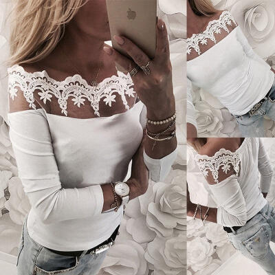 

Summer Womens Sexy Long Sleeve Slim fit Off shoulder Lace Collar T-shirt Tops❤️