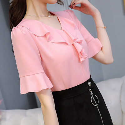 

Summer Womens Office Lady Temperament Shirt V-Neck Half Sleeve Ruffles Chiffon Blouse Solid Shirts