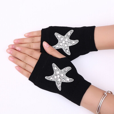 

New Fashion Unisex Winter Warm Knitted Crochet Gloves Black Pattern Series Long Fingerless Arm Warmers Gloves