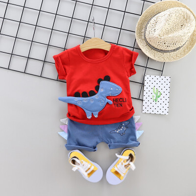 

Children Summer Cotton Dinosaur Printed Short Sleeve T-shirt Round Collar Casual TopsPants Boy Girl outfit Clothing Set