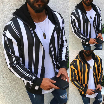 

New Mens Slim Fit Hooded Coat Tops Stripe Jacket Winter Warm Outwear Blazer Top