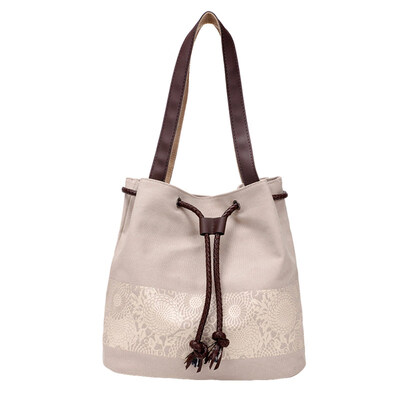 

Women Ethnic Flower Print Drawstring Canvas Shoulder Bag Handbag Shopping Tote