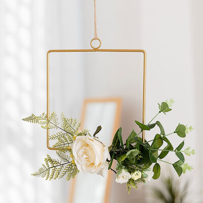 

Novelty Home Kitchen Wall Art Decoration Floral Gold Metal Geometric Hoop Wreath Artificial Flower Garland Hanging Pendant Decor