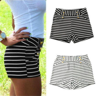 

Women Shorts Summer Striped Shorts High Elastic Waist Ladies Casual Pants BlackWhite