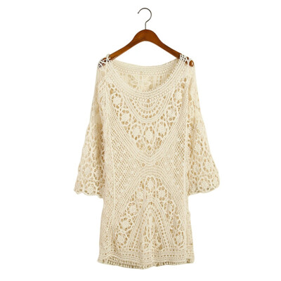 

New Lace Hollow Out Sling Blouse Summer White 3 4 Sleeve Blouse Sexy Hook Flower Crochet Boho Casual Beach Cover Up Blusas