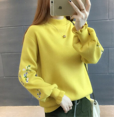 

2018 autumn&winter new Korean version of loose pure color embroidery knitted sweater sweater students sweater
