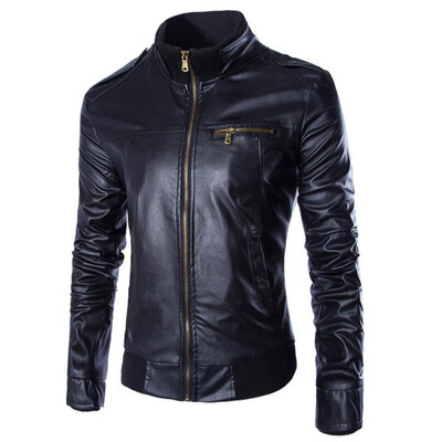 

Gobestart Mens Autumn Winter Casual Long Sleeve Solid Stand Zipper Leather Jacket Top