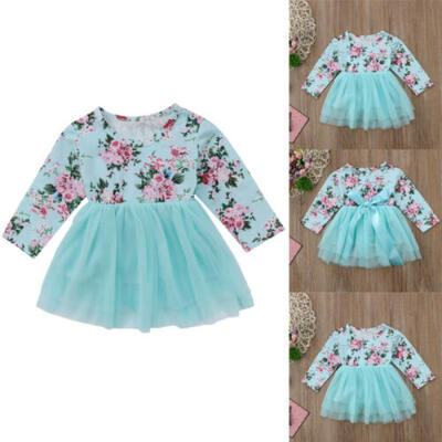 

Newborn Toddler Baby Girls Long Sleeve Floral Tulle Dress Party Pageant Dresses