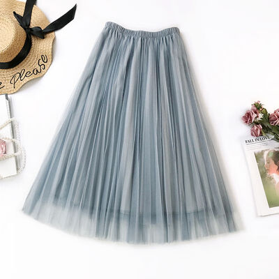 

Women Elastic High Waist Pleated Casual Skirts Solid Color Mesh Pettiskirt Wild A Word Long Paragraph Skirt Korean Version