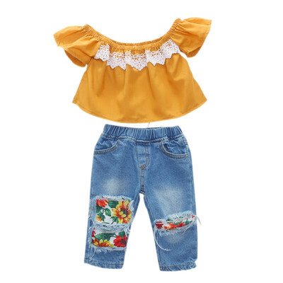 

Summer Baby Toddler Girl Flare Sleeve T-shirt Blouse Tops Denim Trousers Pants Casual Outfits