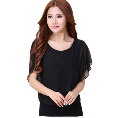 

Womens Tops Fashion 2017 Women Summer Chiffon Blouse Plus Size Ruffle Batwing Short Sleeve Casual Blouse Black White Red Blue