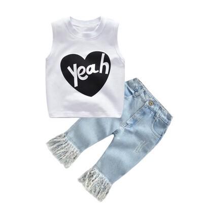 

Children Suit Girls Summer Letter Print Round Collar Sleeveless Vest Jeans Tassels Pants 2pcs Suit 1-5Y Toddler Girls Clothes