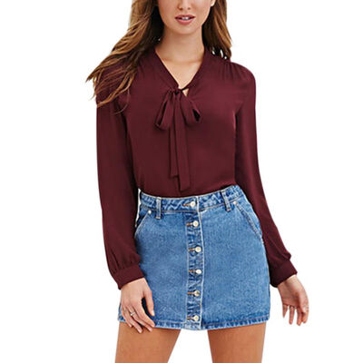 

Office Wear Women Summer Chiffon Blouses Shirts Lady Girls Casual O-Neck Bow Tie Long Sleeve Tops Shirts Blusas