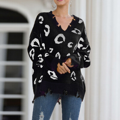 

Tailored Women Sweater Long Sleeve V-Neck leopard Print Tree knitting Sweater Tops