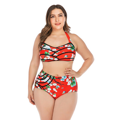 

Women Floral Print Halter Hanging Neck High Waist Bikini Swimwear Lady Wire Free Padded Bra Plus Size Swimsuit Beach Suit