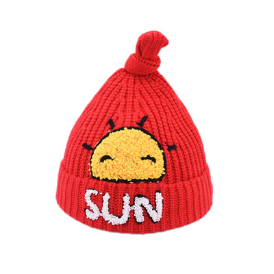 

Newborn Cute Autumn Winter Warm Kids Baby Caps Cartoon Sun Print Hats Knitted Wool Hemming Caps
