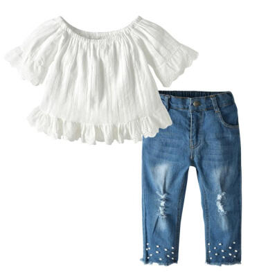 

Baby Girl Clothes Summer Girls Outfits Flare Sleeve T-shirt TopsDenim Long Pants Trousers Suits Casual Clothing Sets