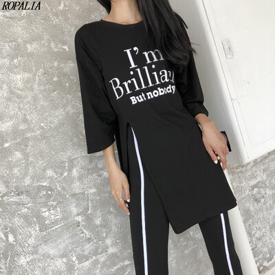 

Womens Three Quarter Sleeve O-Neck High Waist Letter Print Top And Ankle-Length Striped Pants 2 Pieces Set