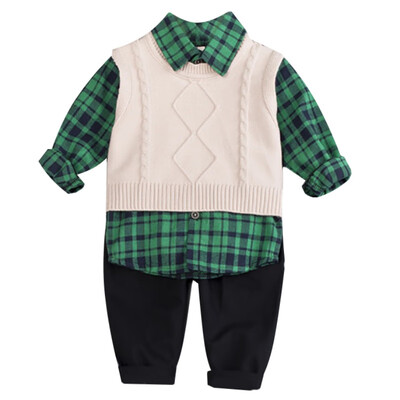 

Autumn Baby Boy Cute Long Sleeve Plaid Print Shirt Sleeveless Sweater Trousers Casual Outfits