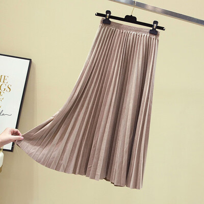 

Autumn Winter 2019 Women Pleated Skirt Elastic High Waist Long Skirts Casual Vintage A-line Suede Party Skirt Ladies Black Pink
