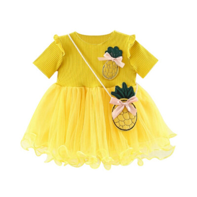 

Summer Baby Girl Short Sleeve Princess Dress with Pineapple Shape Bag Patchwork Dresses