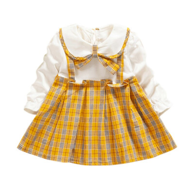 

Spring Autumn New Baby Kids Girls Plaid Print Long Sleeve Dress Sweet Cotton Comfortable Fake 2 Piece Doll Collar Bowknot Dress