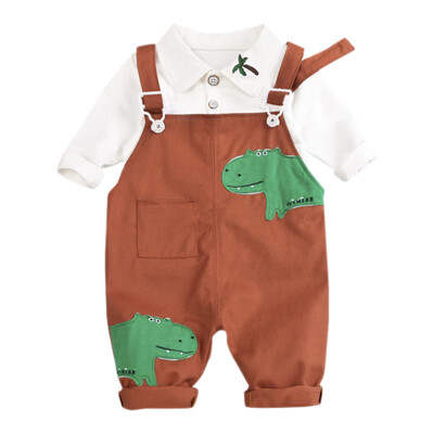 

Baby Boy Clothes Kids Solid Color Shirts&Cartoon Dinosaur Print Strap Pants Autumn 2 pc Childrens Sets