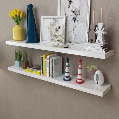 

2 White MDF Floating Wall Display Shelves BookDVD Storage