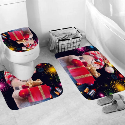 

Gobestart 3Pcs Christmas shower Curtain Bathroom Anti-slip Carpet Rug Toilet Cover Mat Set