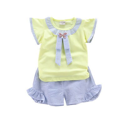 

Summer Baby Girls Clothes Casual Flare Sleeve T-shirt Tops With Bowknot DesignStriped Shorts Suits Costume Set