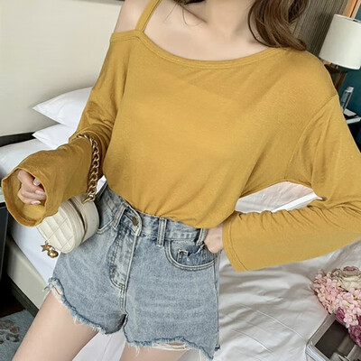 

Autumn Fashion Women T Shirt Sexy Round Collar Off-shoulder Tee Tops Slim Solid Color Thin Section Long Sleeve T-shirt Tops