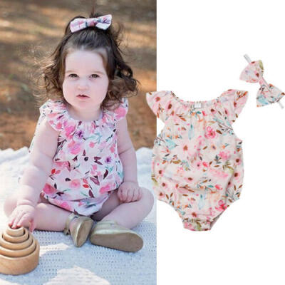 

Newborn Infant Baby Girls Floral Romper Bodysuit Bowknot Hairband Outfit Clothes