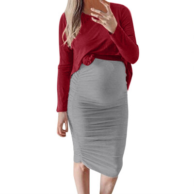 

New Autumn Fashion Casual Pregnant Women Tops And Skirts 2Pcs Outfits Set Maternity Solid Color Long Sleeves Blouse Tops