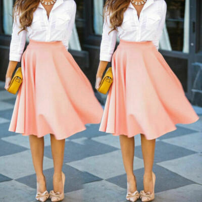 

2019 Women Retro Stretch High Waist Skater Flared Pleated Swing Skirt Dress
