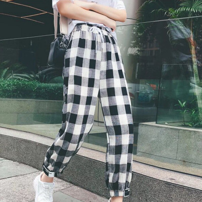 

ROPALIA New Fashion Women Autumn Casual Pants Clothes Black White Plaid Female Harem Pants Loose Drawstring Pants Clothing