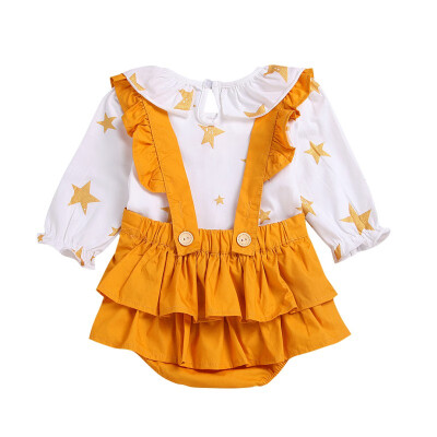 

Summer Girls Round-neck Ruffled Long-sleeved Printed StarsStrap Childrens Dresses Suit 100 Cotton Childrens Clothing