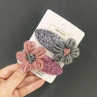 

Two Pieces Set Children Handmade Wool Sequins Flower Baby Girls Cute Hair Pin Hair Accessories