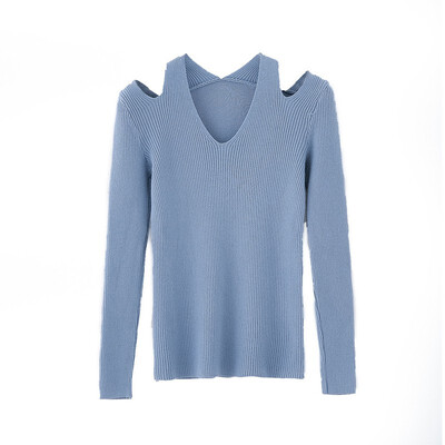 

New Slim Solid Color Off The Shoulder Sweater Korean Style Sexy V-neck Long Sleeve Women Knit Pullover For Autumn