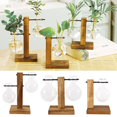 

Vintage Hydroponic Plant Vases Transparent Flower Pot Wooden Frame Glass Tabletop Plants Vase for Home Bonsai Decor