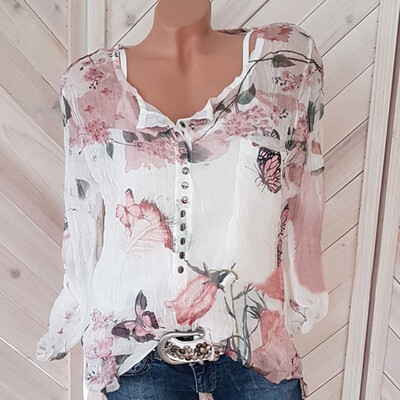 

Summer Fashion Women Beautiful Chiffon Long Sleeve Printed Tops Casual T-shirts
