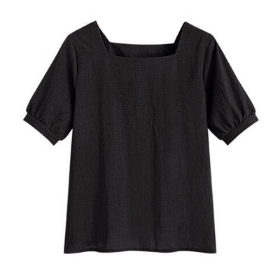 

2018 Women Summer Square Neck Cotton&Linen Blouses Female Short Sleeves OL Shirts Fashion Casual Elegant Solid Color Blouse