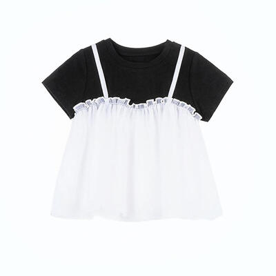

Children Girls Fake Two-piece Summer Color Matching Short Sleeve Princess Sweet Cotton Cute T-shirt