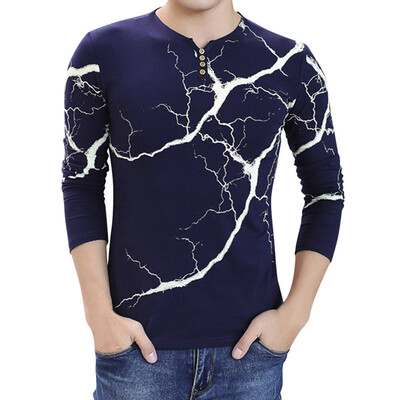 

2019 Men Casual Print Long Sleeve Fitness Button Up V-Neck T-Shirt Henley Tops