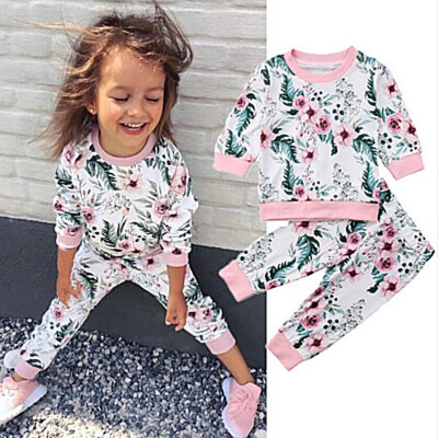 

Baby Girls Sets 2Pcs Spring Kids Girls T-Shirt Pants Set Floral Print T-Shirt Casual Pants Baby Clothes Set Summer