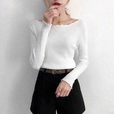 

2019 Lady Softy Durable Sweate Knitted o-neck Korean Slim Basic White Black Pullovers Autumn Long Sleeve Jumper Pull Femme