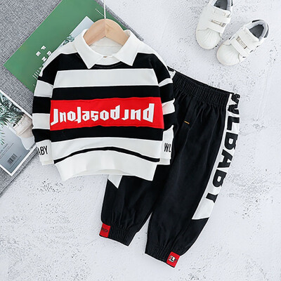 

Autumn Spring Children Cute Stripes Print Long Sleeve Sweater Round Collar Casual Tops Pants