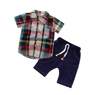 

Summer Baby Boy Adorable Plaid Print Short Sleeve Shirt Blouse Shorts Casual Outfits Clothes Plaid Top With Black Pants 2PCS