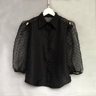 

2019 Autumn New Blouse Women Lace Perspective Loose Polka Dot Lapel Lantern Sleeves Shirt Solid Color Mesh Blusas Mujer De Moda
