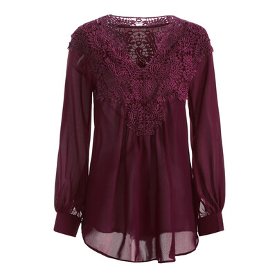 

V neck Patchwork Lace Blouse Shirts Women Fashion Clothing WhiteBlackRed Long Sleeve Shirts Ladies Chiffon Summer Top