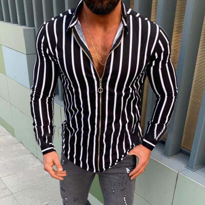 

Toponeto Mens Casual Fashion Slim Stripe Printing Zipper Long Sleeve Shirts Top Blouse